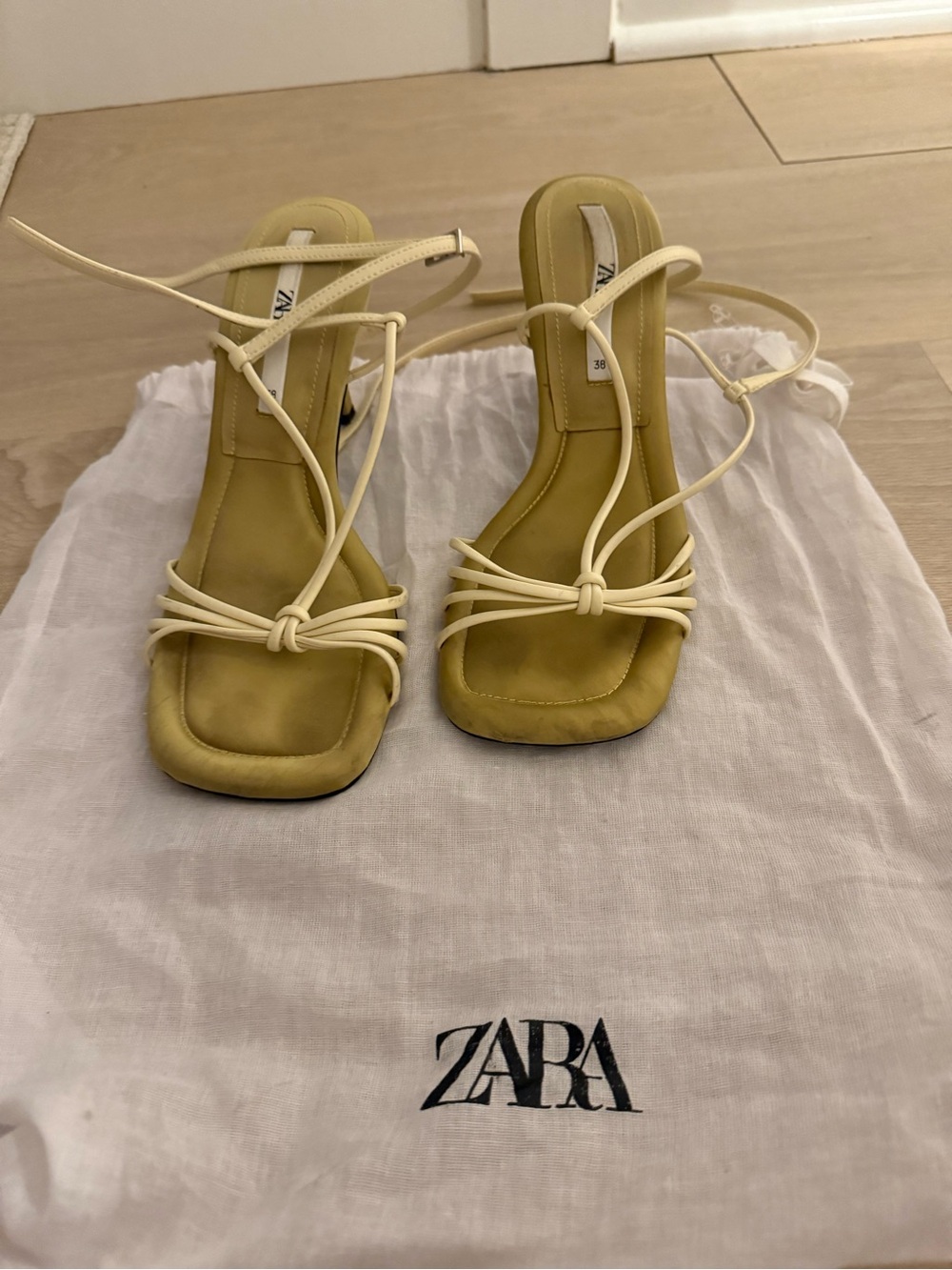 Zara Beige Strappy Knot Square-Toe Heeled Sandals